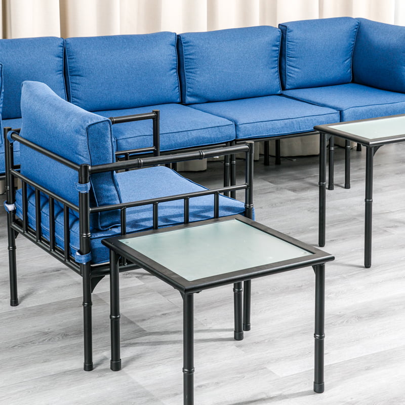 RXOP1 Pernă albastră Cotieră Structură din bambus cu masă de ceai Set 7 bucăți farfurie laminată la rece Set combinat de canapea pentru relaxare în stil european Mobilier de exterior pentru terasă