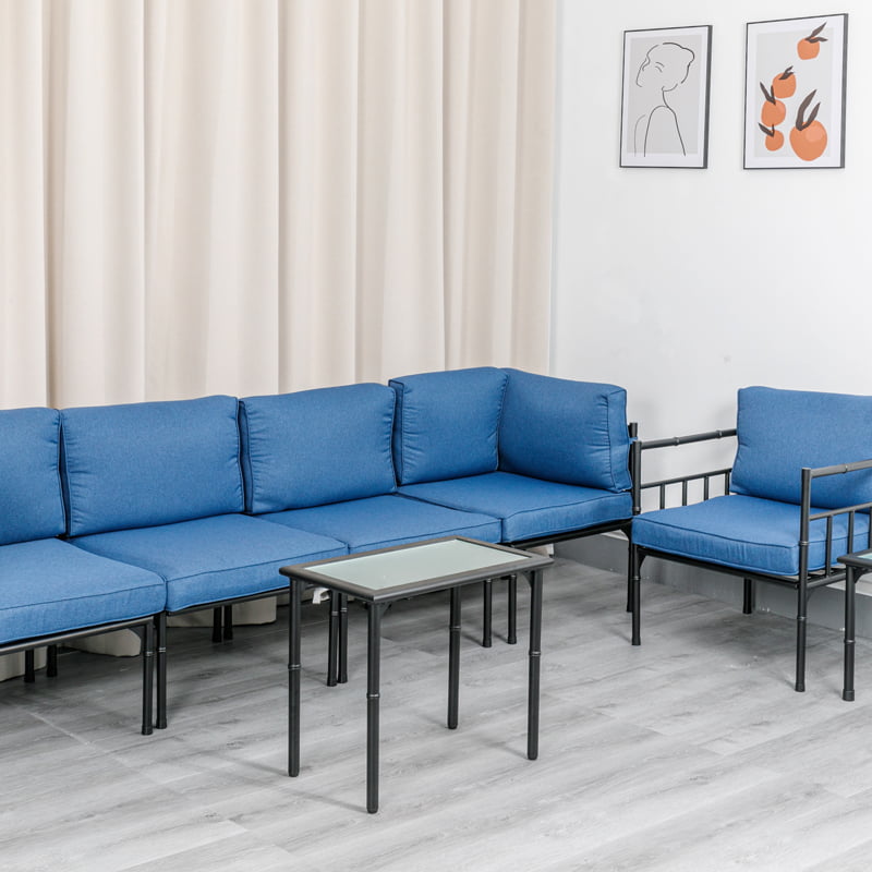 RXOP1 Pernă albastră Cotieră Structură din bambus cu masă de ceai Set 7 bucăți farfurie laminată la rece Set combinat de canapea pentru relaxare în stil european Mobilier de exterior pentru terasă